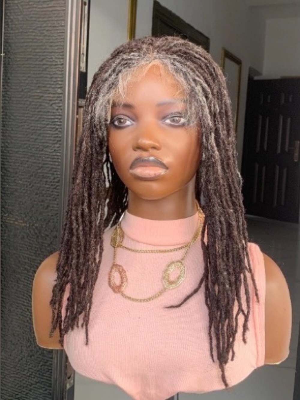 Handmade Crown Topper Brown/ Grey Faux Locs Wig – Natural Style